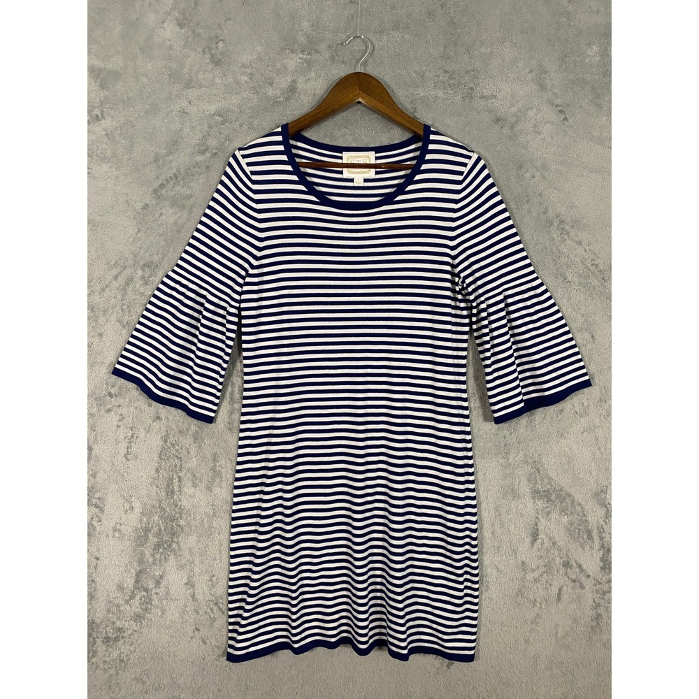 Sail to Sable Dress Sz L Navy White Striped Bell Sleeve Knit‎ Nautical Coastal